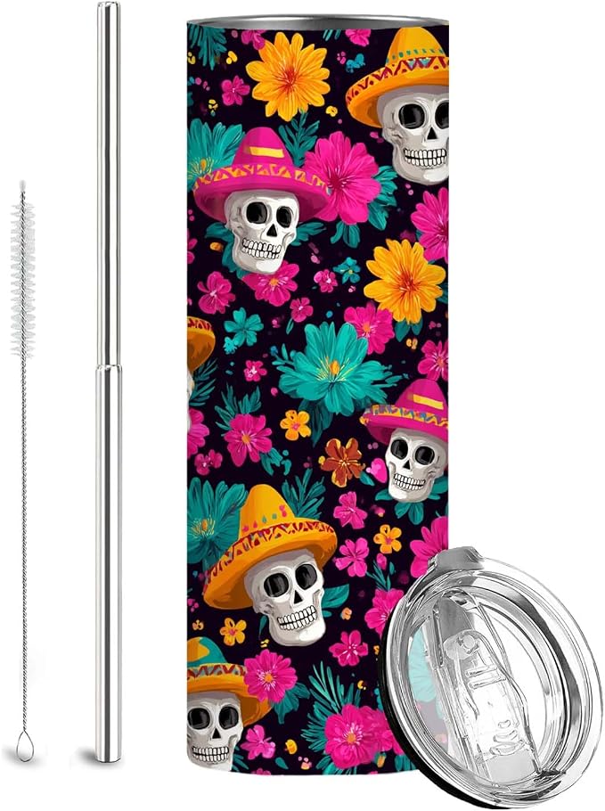 Firmiso 20 oz Tumbler｜Skinny Insulated Travel Mug｜Sombrero Skull Floral by Firmiso