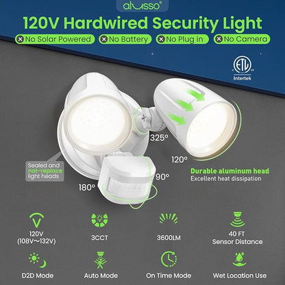 ALUSSO Motion Sensor Outdoor Lights Metal Heads, 30W 3600LM Flood Lights - Image 3