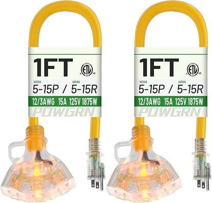 POWGRN 1 FT 2 Pack 12/3 Gauge Extension Cord by POWGRN