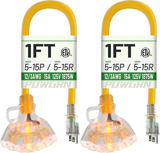 POWGRN 1 FT 2 Pack 12/3 Gauge Extension Cord by POWGRN
