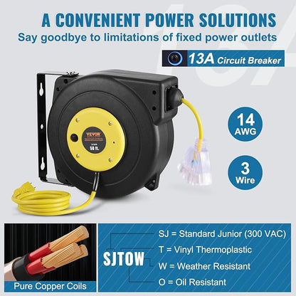 VEVOR Retractable Extension Cord Reel, 50 FT, Heavy Duty 14AWG/3C SJTOW - Image 4