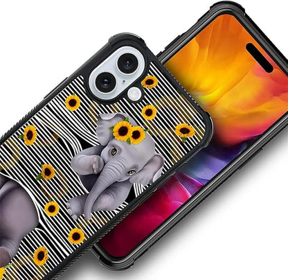 for iPhone 16 Case, Cute Little Elephant Sunflower White Line Art Pattern - Image 3