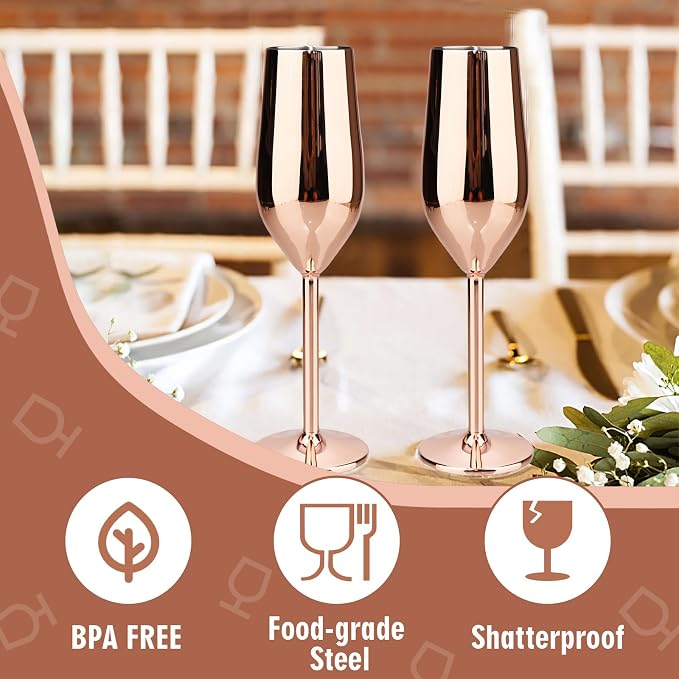 TJ Unbreakable 8 Oz Stainless Steel Champagne Flutes- Rose Champagne Glasses - Image 2