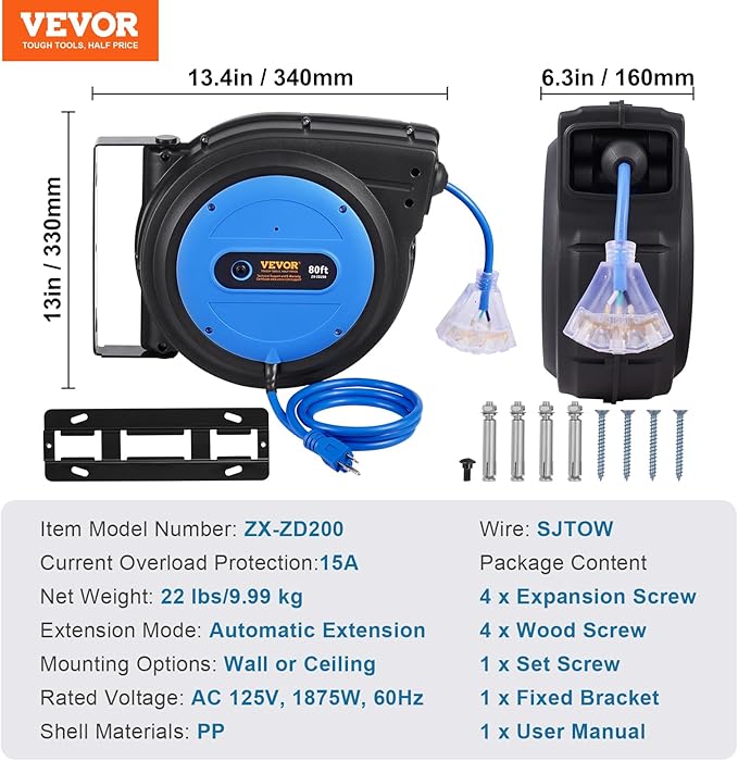 VEVOR 80FT Retractable Extension Cord Reel, 12AWG/3C SJTOW Heavy Duty Power - Image 7