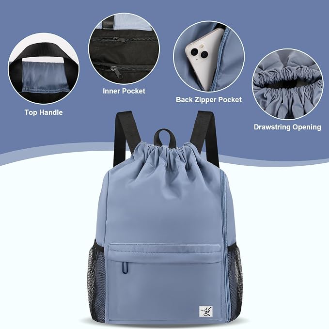 Drawstring Backpack with Mesh Pockets String Gym Bag Sackpack Sandproof Water - Image 4