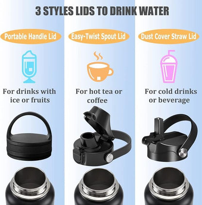 Water Bottle Insulated 32oz 40oz 64oz 128oz Straw Lid Spout Lid & 3 Lids - Image 5