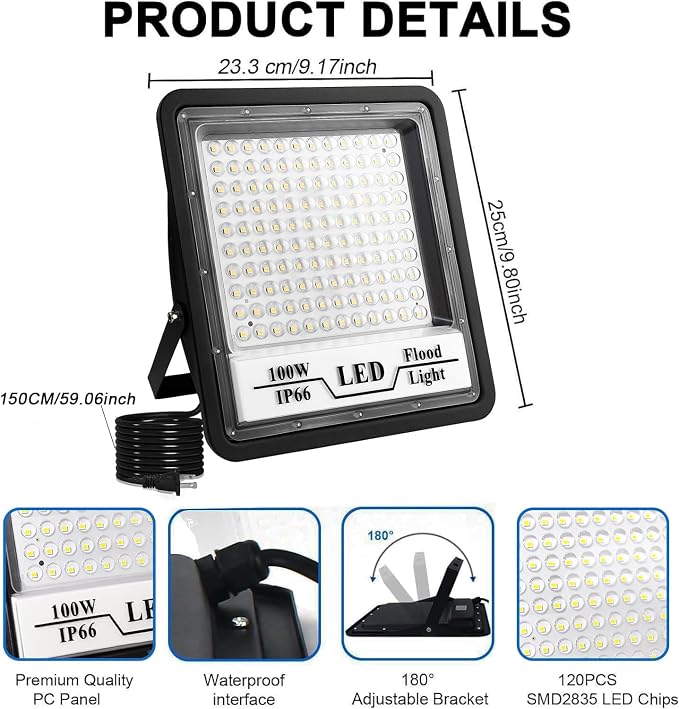CREATESTAR 2 Pack 100W LED Flood Light Outdoor, 10000LM Bright LED Work Lights - Image 4