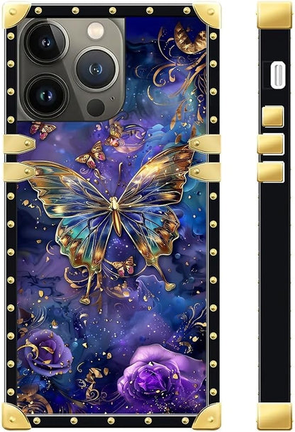 Compatible with iPhone 15 Pro Case, Glistening Golden Butterfly Vibrant Purple - Image 3