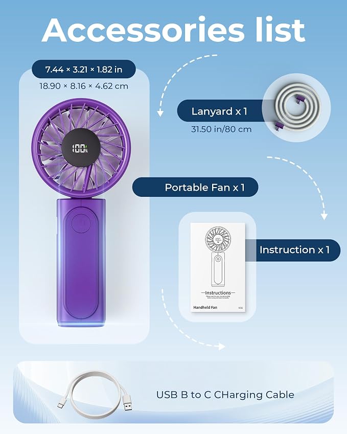 Peiyuu Portable Handheld Fan, USB Rechargeable 180° Foldable Mini Desk Fan - Image 8