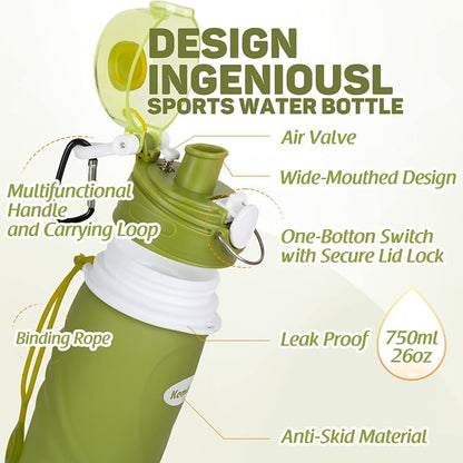 Kemier Collapsible Silicone Water Bottles-750ML, Medical Grade, BPA Free Travel - Image 4