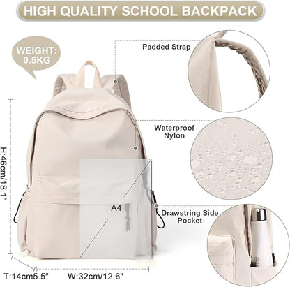 Beige School Backpack for Girls Water Resistant High School Book Bag Simple - Image 4