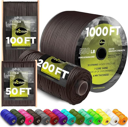 TECEUM 5/32" Paracord Rope 1000 – 1000ft / 200ft / 100ft / 50ft – Tactical by TECEUM