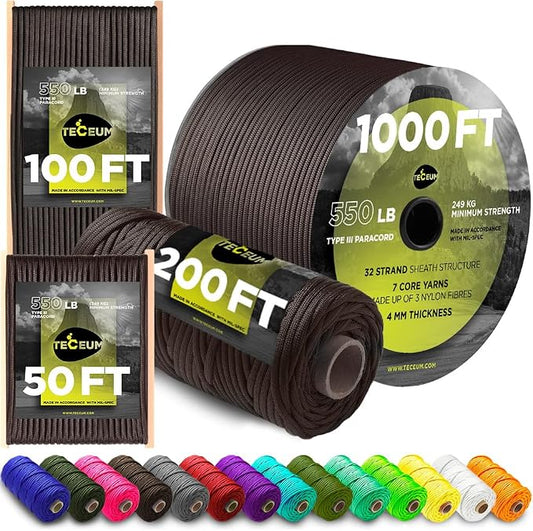 TECEUM 5/32" Paracord Rope 1000 – 1000ft / 200ft / 100ft / 50ft – Tactical by TECEUM