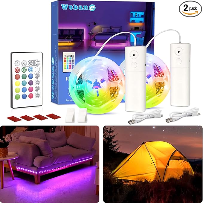 WOBANE 2PCS Rechargeable LED Strip Lights, Dimmable RGB Rope Lighting by WOBANE