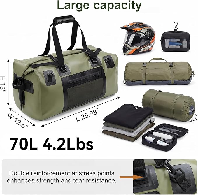 Waterproof Duffel Bag, 70L Large Motorcycle Dry Backpack, Heavy-Duty Roll Top - Image 2