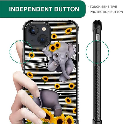 for iPhone 15 Case, Cute Little Elephant Sunflower White Line Art Pattern - Image 6