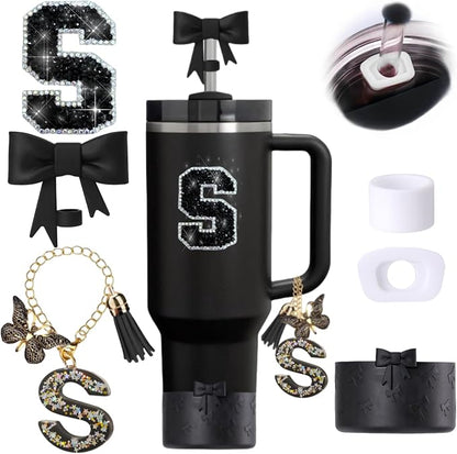 6pcs Black Stanley Cup Accessories Set, Bow Straw Topper by MOTEERLLU