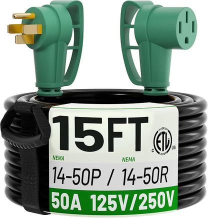 POWGRN NEMA 14-50P to NEMA 14-50R 50 Amp RV/EV Extension Cord 15 FT Outdoor by POWGRN