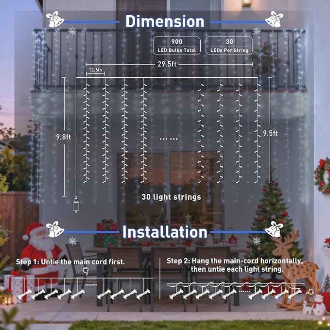 JMEXSUSS 9.5x29.5ft Curtain Lights Indoor Outdoor Decor - Image 6