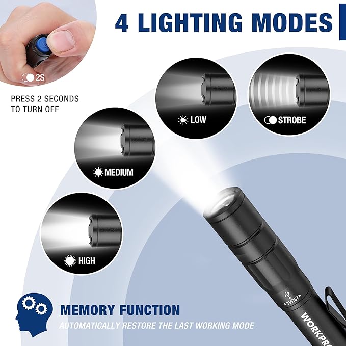 WORKPRO Rechargeable Pen Light, Mini Flashlight, 2 Pack Ultra-Compact EDC - Image 4