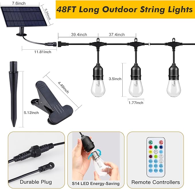 Auroraworld 48FT Solar RGB Outdoor String Lights, Dimmable Waterproof LED Patio - Image 2