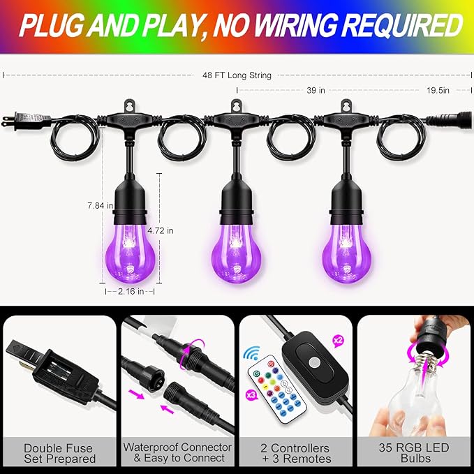 96FT Solar Outdoor String Lights, 30 Shatterproof Edison Bulbs, Dimmable Color - Image 5
