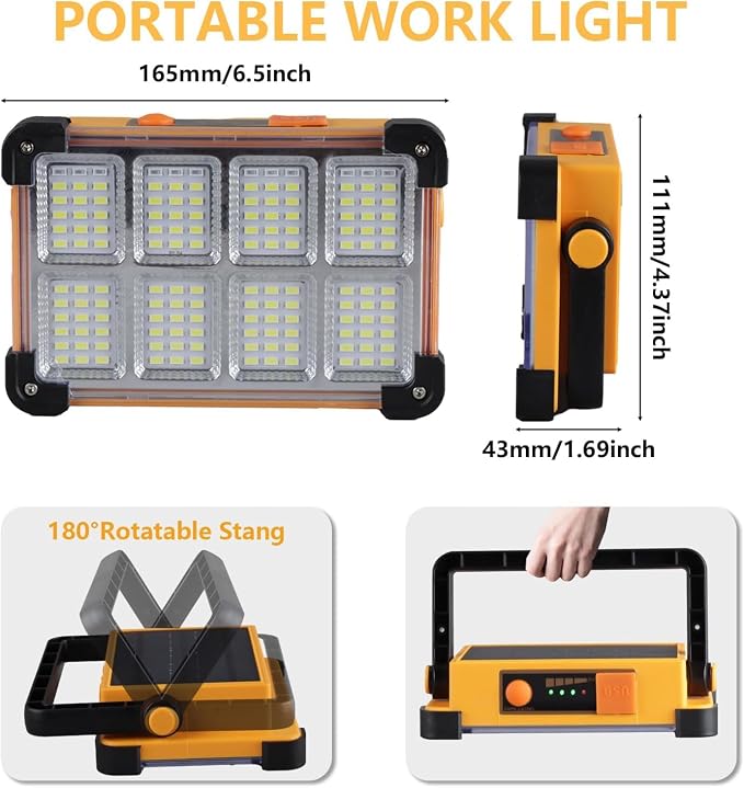 2 Pack 120W Solar Rechargeable Work Light, 144 LED 10000LM Portable Flood Light - Image 3