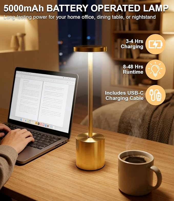 Swinerton Cordless Table Lamp Set of 2, Wireless 3 Color Dimmable Touch Lamp - Image 4