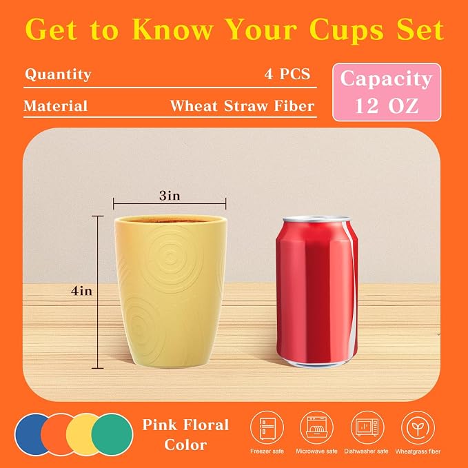 Homienly Plastic Cups Alternative Wheat Straw Drinking Glasses 4-Pack | 12 oz - Image 2