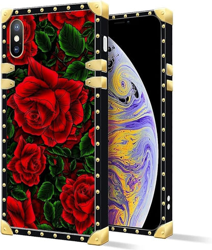 Compatible with iPhone Xs Max Case, Vector Red Rose Green Leaf Luxury Golden - Image 2