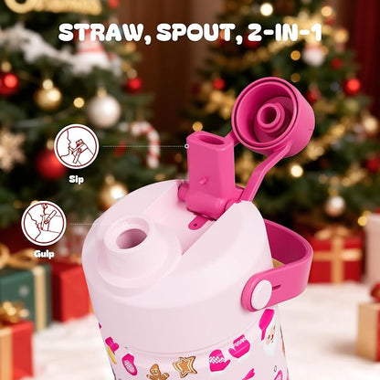 12 oz Christmas Kids Insulated Water Bottle: 2-in-1 Straw Spout Lid, Stainless - Image 4