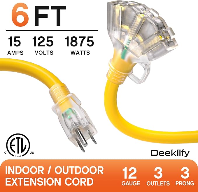 6 ft 12 Gauge Heavy Duty 3 Outlet Extension Cord Splitter - Image 2