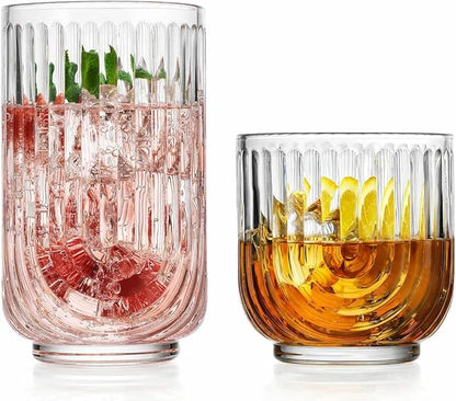 Glaver's 16-Piece Drinking Glass Set, Art Deco Ribbed Arch Design, 17oz by Glavers