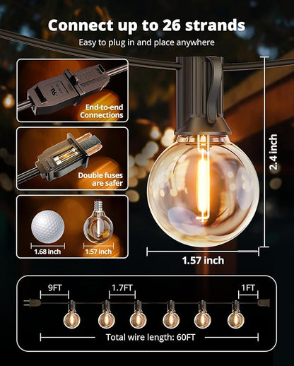 VIPAR Outdoor String Lights, 60FT 32 G40 Bulbs Patio Lights Outdoor Waterproof - Image 8