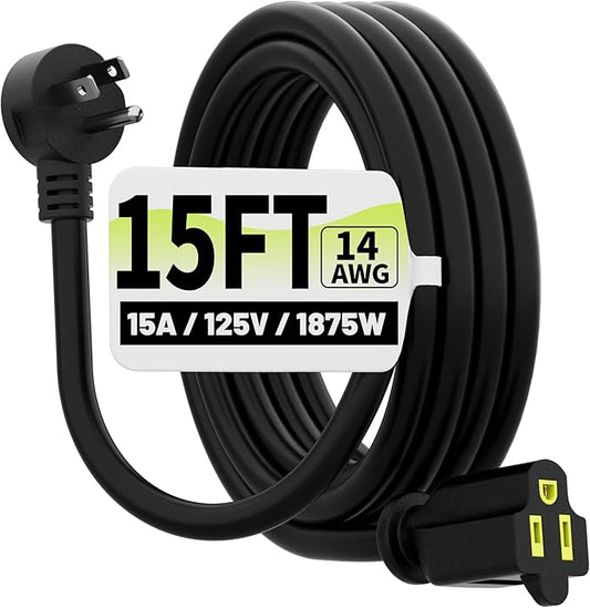 Vockjour 15 FT Black Low Profile Flat Plug 14 Gauge Heavy Duty Extension Cord by Vockjour