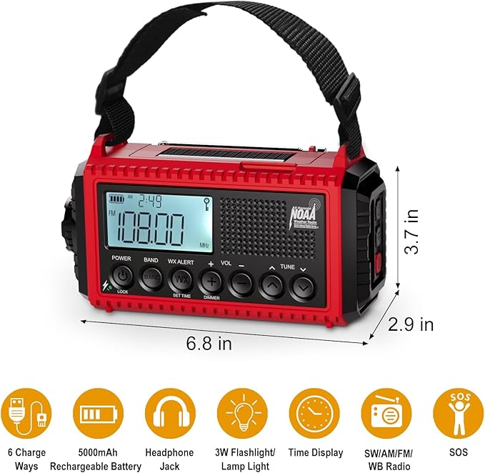 Raynic Emergency Radio, 5000mAh/18500mWh Weather Radio, Solar Hand Crank - Image 5