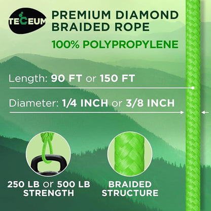 TECEUM Rope – 90 Feet x 1/4 Inch – Neon Green – Strong All-Purpose Utility Rope - Image 2