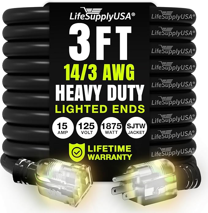 3ft Outdoor/Indoor Extension Cord 14/3 Gauge Heavy Duty 3 Prong SJTW, Waterproof by LifeSupplyUSA