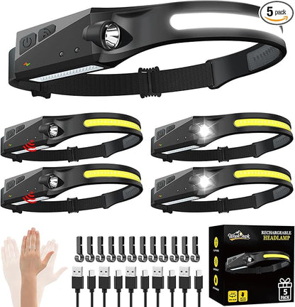 WopkDupk Rechargeable Headlamp 5PCS, 230° Wide Beam Head Lamp, Motion Sensor by WopkDupk
