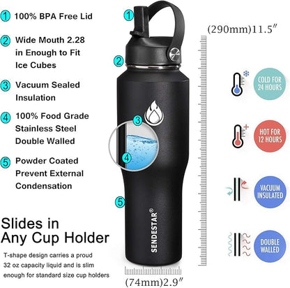 SENDESTAR Water Bottle 32oz, Wide Mouth Stainless Steel Vacuum Insulated Double - Image 5