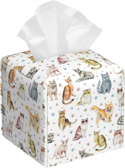 Tissue Box Cover Square, Cute Cats and Paw Tissue Box Holder Waterproof Leather by Unknown