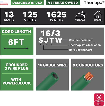 Thonapa Weatherproof Green Extension Cord 6 ft 3 Outlets, 16/3 SJTW Outdoor - Image 2