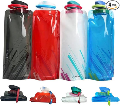 4 Pack 25oz Collapsible Water Bottles, 4 Colors Reusable Leakproof Water Bags by ORSTIO