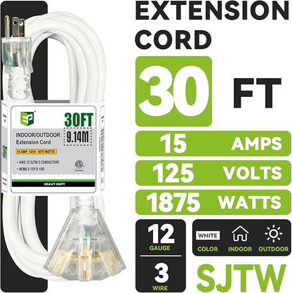 EP 30FT 12 Gauge Heavy Duty Extension Cord, 15A 125V 1875W, 3 Outlet - Image 2