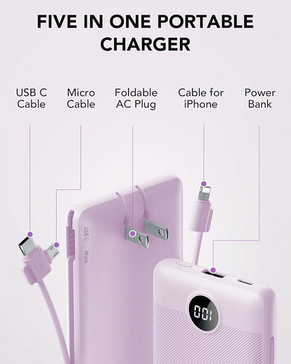 VRURC Portable Charger Built-in Cables and AC Wall Plug, USB C Power Bank - Image 3