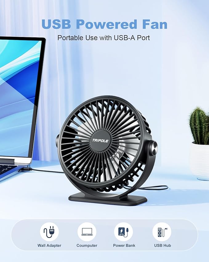 TriPole Desk Fan USB Powered Small Portable Fan, 3 Speeds Adjustable Strong - Image 4