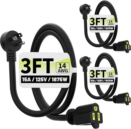 Vockjour 3 FT 3 Pack Black Low Profile Flat Plug 14 Gauge Heavy Duty Extension by Vockjour
