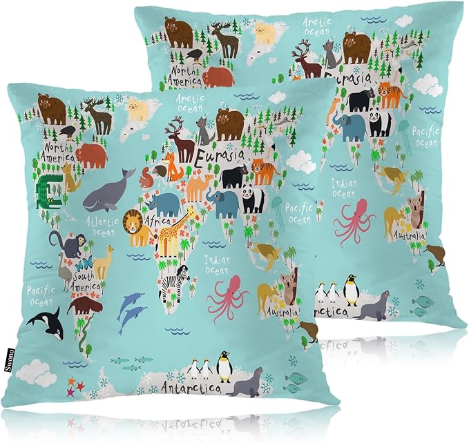 Swono World Map Throw Pillow Covers, Cartoon Forests Animal Map of The World by Swono