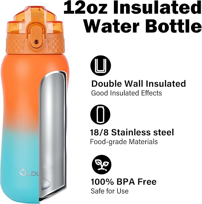OLDLEY Insulated Kids Water Bottle 12oz, Stainless Steel, Double Wall, - Image 4
