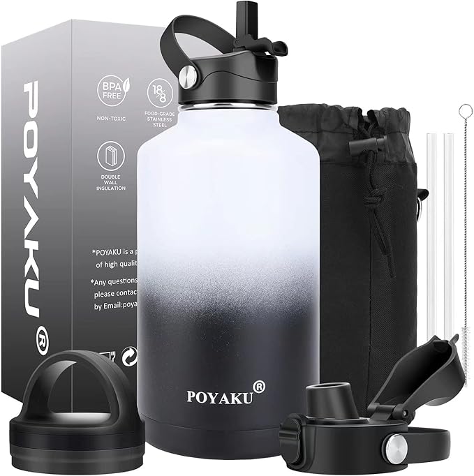Water Bottle Insulated 32oz 40oz 64oz 128oz Straw Lid Spout Lid & 3 Lids by POYAKU